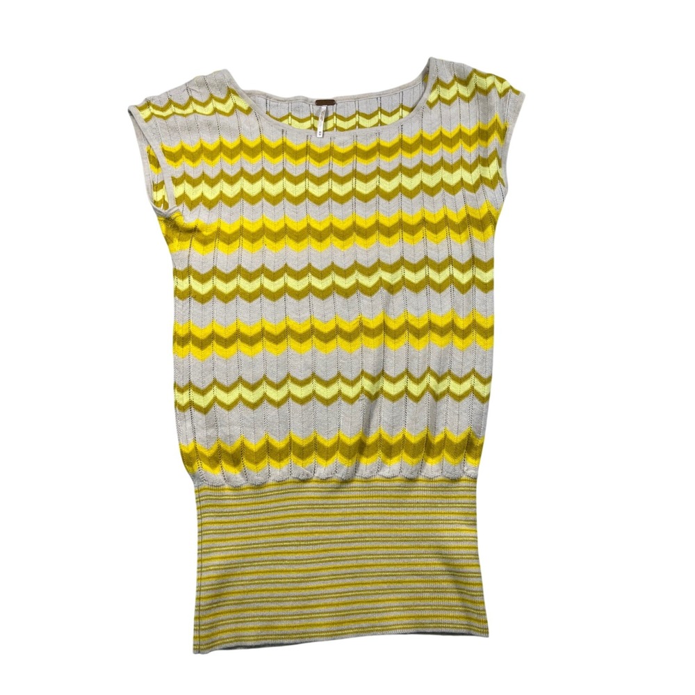 Free‎ People XS Chevron Pointelle Knit Sweater Top Yellow Cream Sleeveless